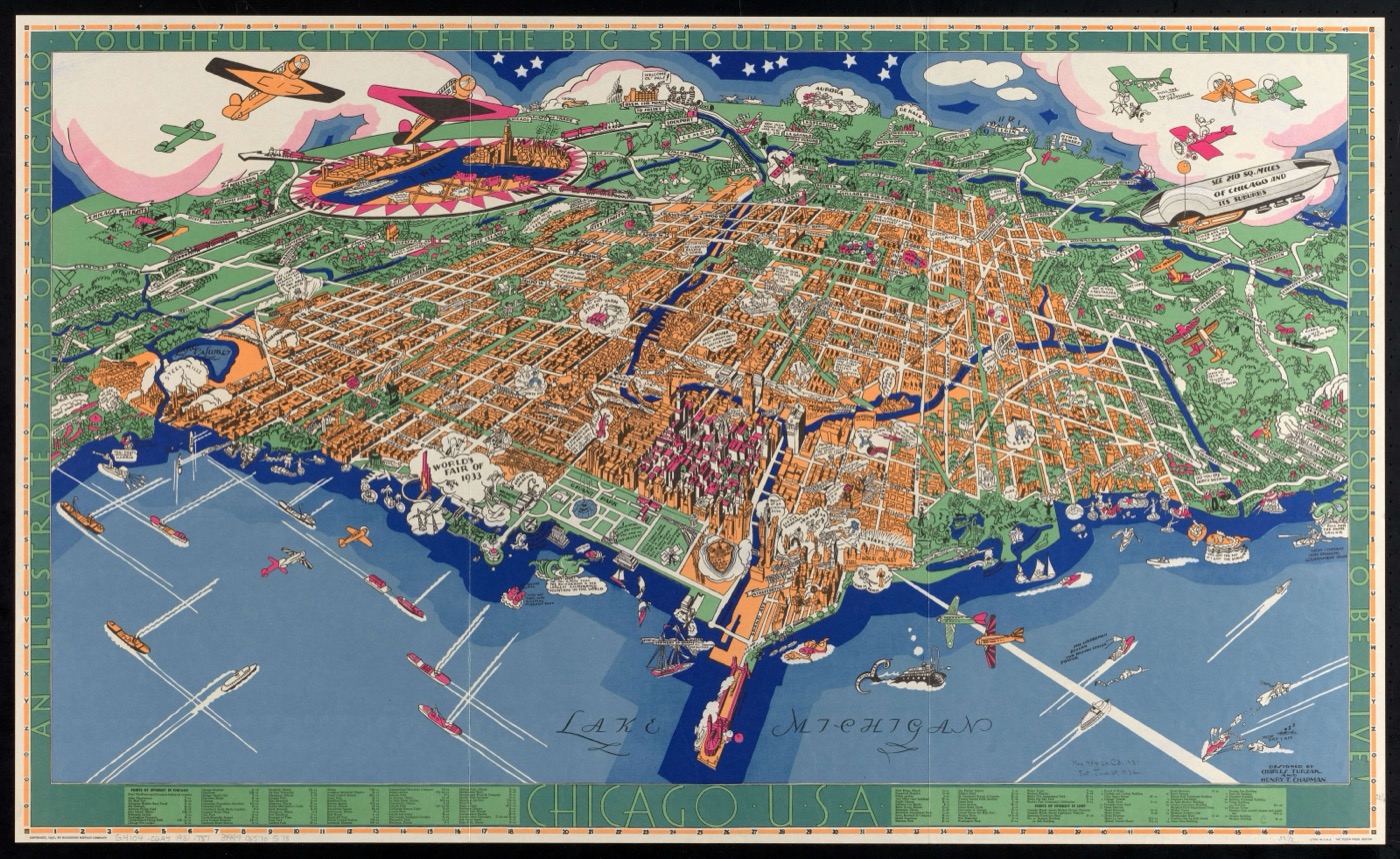 An Illustrated Map of Chicago, 1931, by Charles Turzak and Henry T. Chapman, a bird's-eye view of the city from over Lake Michigan with north to the right